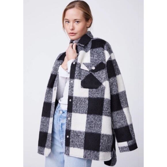 Monrow Plaid Flannel Jacket Shacket •Women S• Wool Blend Button Black White $325 - Picture 1 of 10